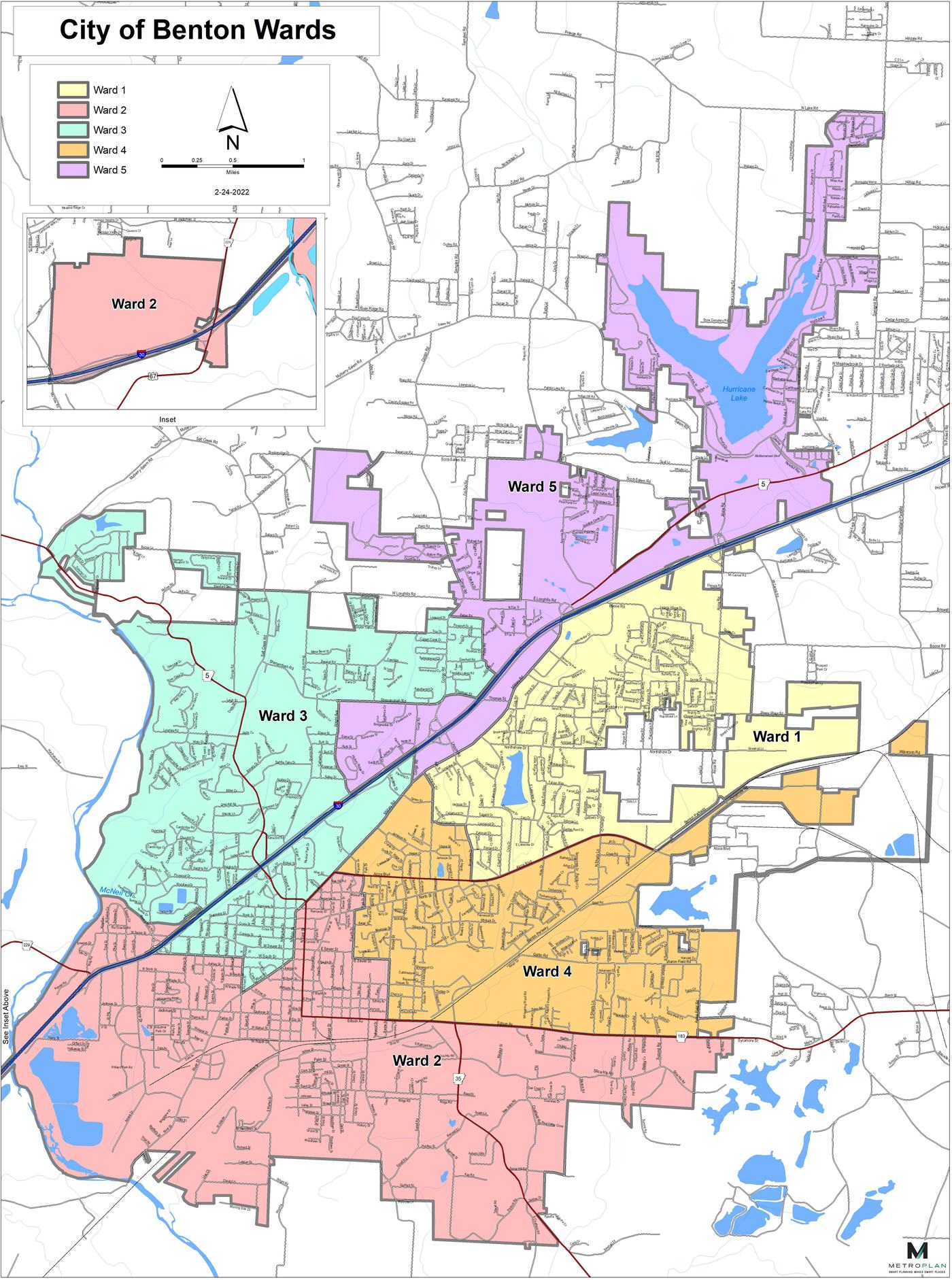 City of Benton Arkansas official ward map showing Ward 1 in yellow on the east side of Benton